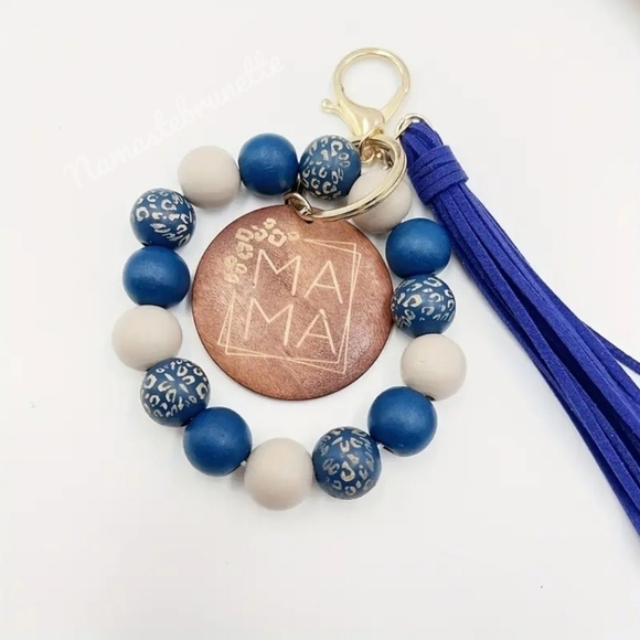 Wooden Beaded Mama Keychain Bag Charm With Blue Tassel - Picture 3 of 12